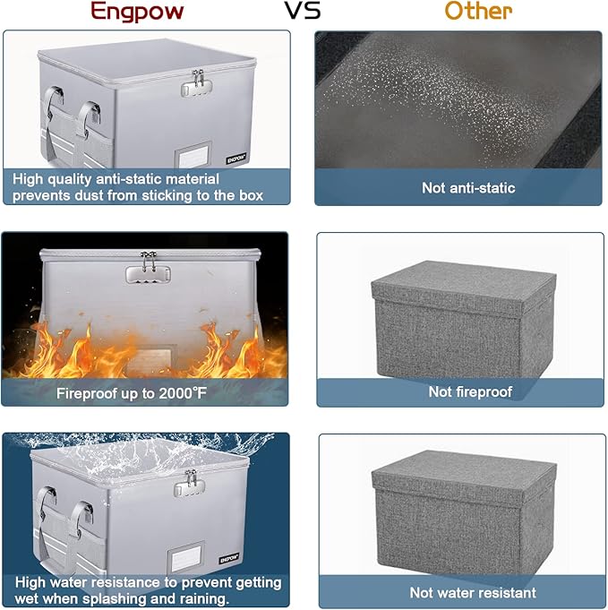ENGPOW File Box with Lock, Fireproof Document Box with Zipper&Pockets, Collapsible File Organizer Filing Storage Cabinet with Handle, Portable Home Office Safe for Hanging Letter/Legal Folder,Silver-DeskLoop Office