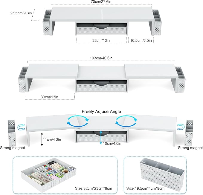 Spacrea Metal Desk Organizers and Accessories, Dual Monitor Stand Riser with Drawer and 2 Pen Holders, Desk Accessories & Workspace Desktop Organizers for Office Supplies (White)-DeskLoop Office