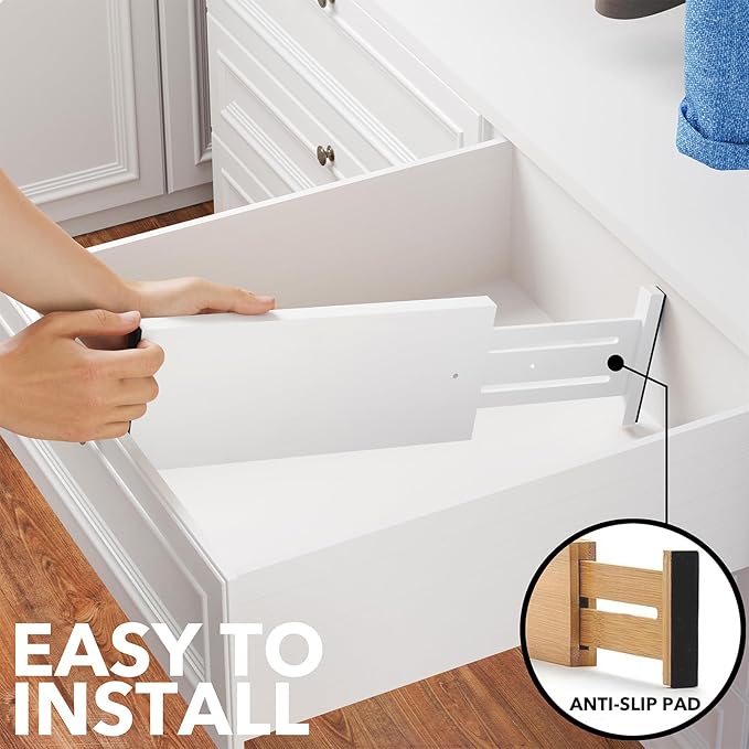 SpaceAid Bamboo Dresser Drawer Dividers 6 Pack, 4.65“ High Adjustable 12.5“-17” Drawer Organizers, Expandable Organization for Clothing, Clothes, Dressers, White-DeskLoop Office