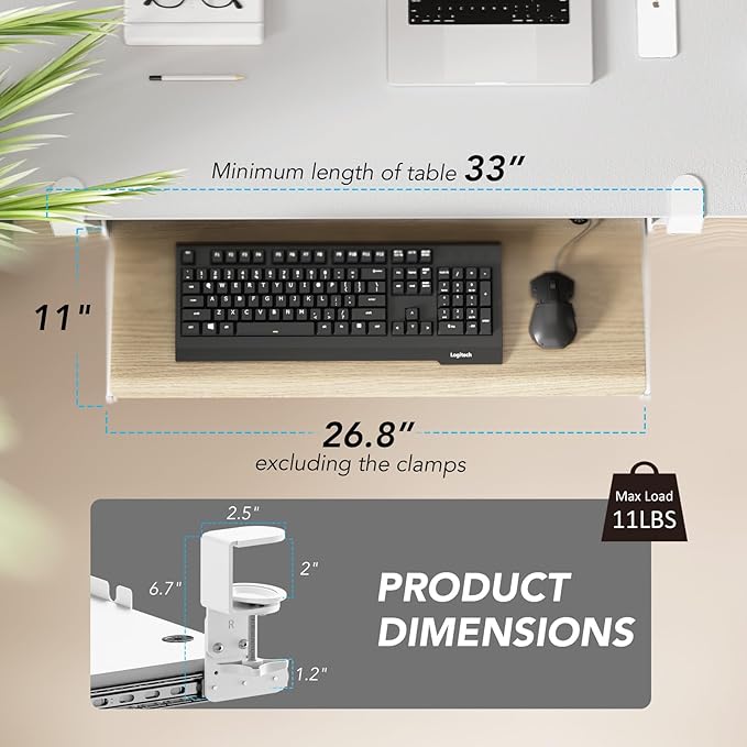 Keyboard Tray Under Desk Pull Out with Extra Sturdy C Clamp Mount System, 27.3 (32.5 inch Including Clamps) x 11 Inch Slide-Out Platform Computer Drawer for Typing Grain AX01WG01-DeskLoop Office