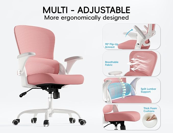 TRALT Office Chair - Ergonomic Office Chair with Back Support, Home Office Desk Chairs, Comfy Desk Chair, Computer Chair, 330lbs Wide Seat Big and Tall Office Chairs for Students (Pink)-DeskLoop Office