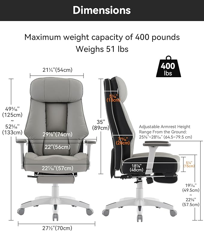 DJ·Wang Big and Tall Office Chair 400lbs with Foot Rest, High Back Executive Office Chair with Extra-Thick Spring Cushion, Ergonomic Leather Chairs Gray-DeskLoop Office