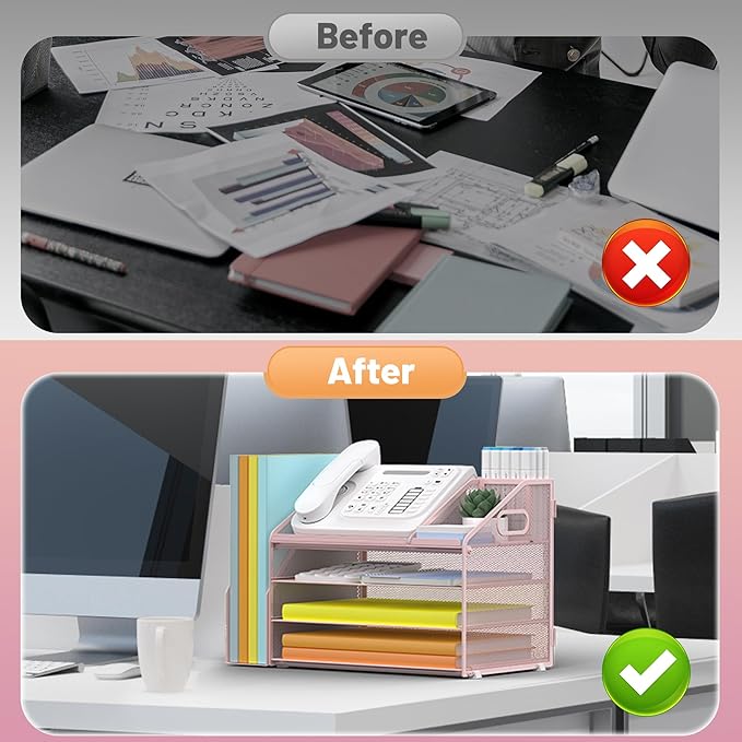 DocNest 4 Tier Paper Letter Tray File Organizer, Mesh Desk File with Handle, Workspace Desk Organizers with Pen Holder, Office Organization Storage Accessories - Pink-DeskLoop Office