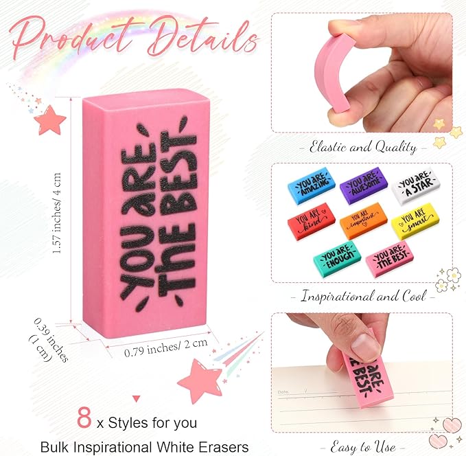 PerKoop 150 Pcs Inspirational Erasers Bulk Back to School Gifts Colorful Motivational Pencil Erasers for Kids First Day of School Favors for Students Teachers Classroom Office Supplies-DeskLoop Office