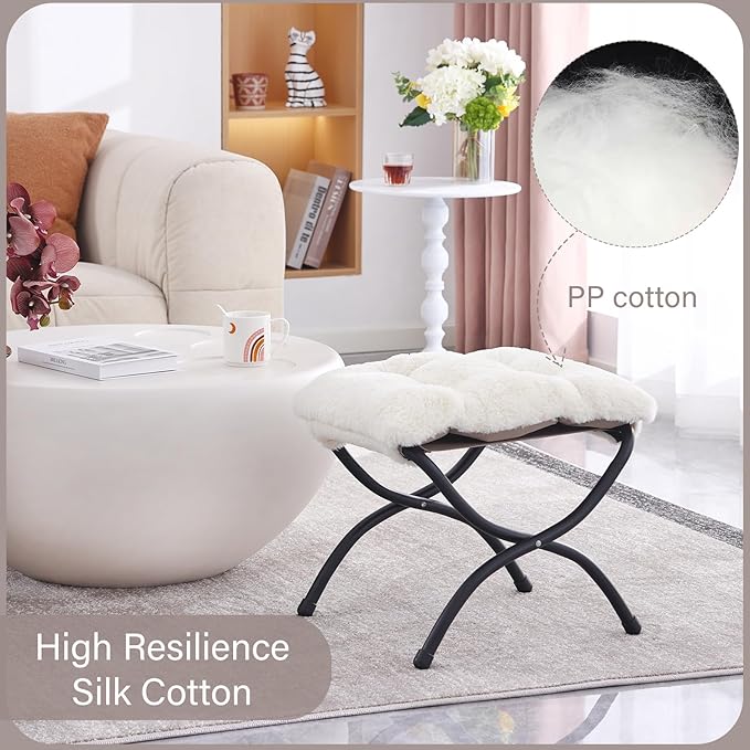 LITA Folding Upholstered Footrest Stool, Modern Small Portable Accent Ottoman with Detachable Thick Cotton Cushion Padded Sofa Stool with Metal Frame for Lazy Chair, Living Room & Bedroom, Plush Beige-DeskLoop Office