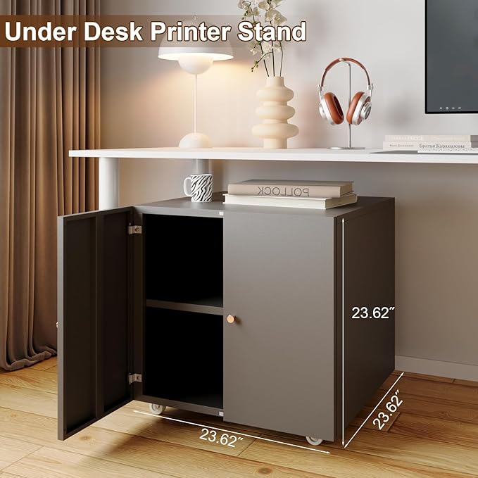 Printer Stand with Storage, 3D Heavy Duty Printer Table with Shelves, Large Printer Table for Home Office, Black Printer Stand on Wheels with Doors, Metal Fax Machine Stand for Workplace-DeskLoop Office