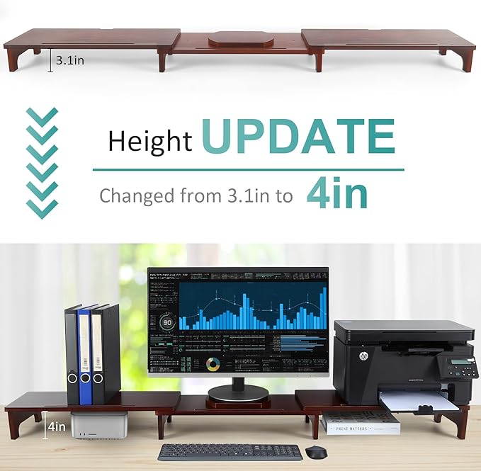 Nnewvante Monitor Stand Riser, Upgrade Height Large TV Riser, 60 inch Large Bamboo Dual Monitor Stand for Desk, 3 Shelves Desktop Screen Riser with Adjustable Length Angle for Computer Laptop Walnut-DeskLoop Office