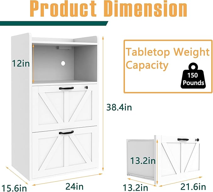 2 Drawer Lateral File Cabinet with Charging Station, Wood Filing Cabinet with Lock & LED Light, Large Storage Printer Stand for Home Office, White-DeskLoop Office