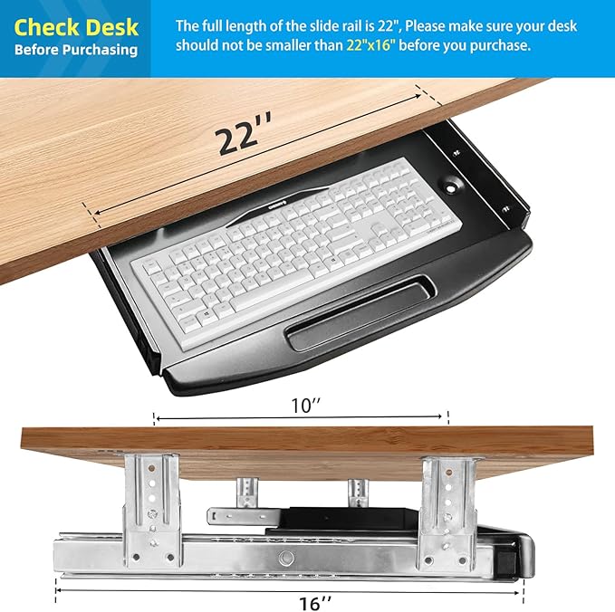Solid Steel Under Desk Keyboard Tray Slide Out with 360° Rotating Mouse Platform,Keyboard Shelf Sliding,Under Desk Mounted Keyboard Holder,Under Desk Keyboard Drawer 28"Lx10"W-DeskLoop Office