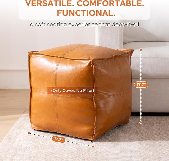 Pouf Ottoman Cover, 17.7" Square Unstuffed Pouf Cover, Faux PU Leather Moroccan Poofy Ottoman Footstool, Brown No Filler Footrest, Floor Chair Gifts Foot Rest for Living Room, (Only Cover)-DeskLoop Office