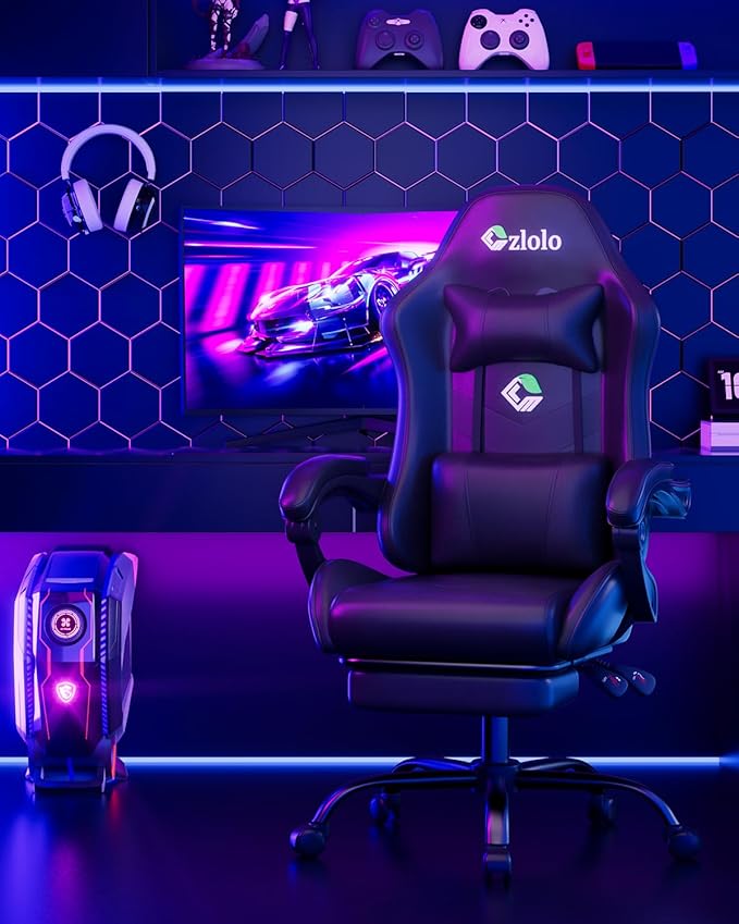 Gaming Chair, Ergonomic Office Computer Chair with Footrest and Lumbar Support Massager Racing Style High Back Video Gamer Chair, Wide&Thick Cushion, 90°-135° Recline, Adjustable Height, Black-DeskLoop Office