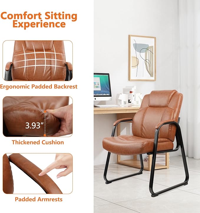 CLATINA Big & Tall 500 lb. Guest Chair, PU Leather Office Reception Chairs with Sled Base, Desk Chair No Wheels for Waiting Room Conference Lobby Computer Living Room, Brown-DeskLoop Office