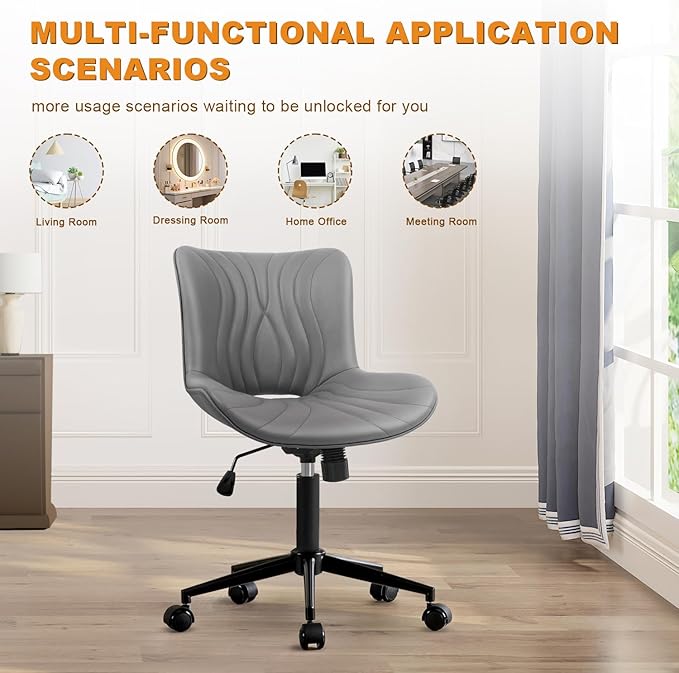 Office Chair, Armless Desk Chair with Wheels, Ergonomic Comfy Home Office Computer Task Chairs, Faux Leather Padded Cute Vanity Chair, Adjustable Height Swivel Chair with Back,Gray-DeskLoop Office
