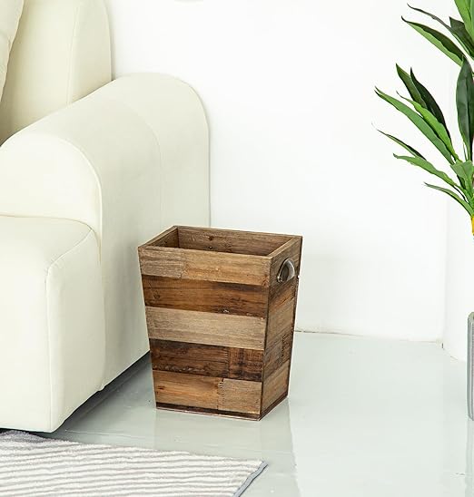 Small Wood Trash Can, Farmhouse Rectangular Garbage Can Waste Basket, Rustic Distressed Reclaimed Wood Wastebasket, Vintage Wooden Trash Recycling Bin Storage Basket with Metal Handles (Natural)-DeskLoop Office