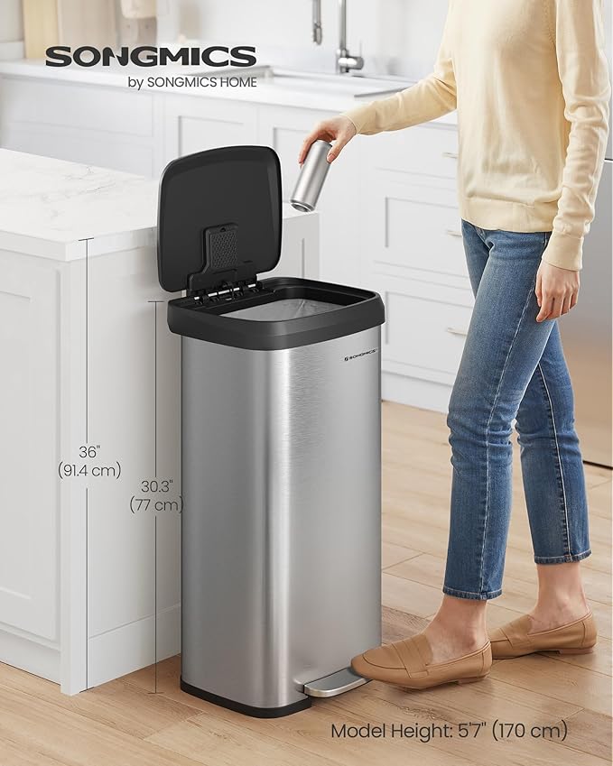 SONGMICS Kitchen Trash Can, 18-Gallon Stainless Steel Garbage Can, with Stay-Open Lid and Step-on Pedal, Soft Closure, Tall, Large and Space-Saving, Silver and Black ULTB520E68-DeskLoop Office