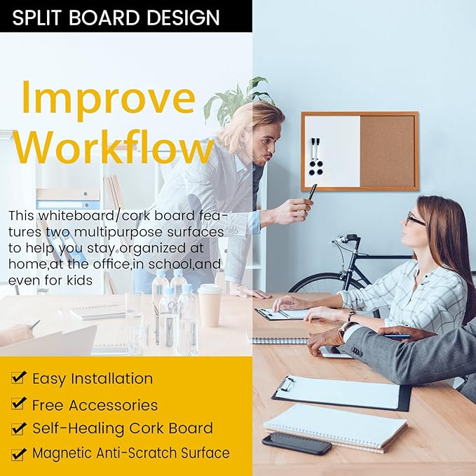 Combination Writeboard 24"x 18" Magnetic Whiteboard & Cork Board Dry Erase Board Bulletin Board Wall Mounted Wood Frame-DeskLoop Office