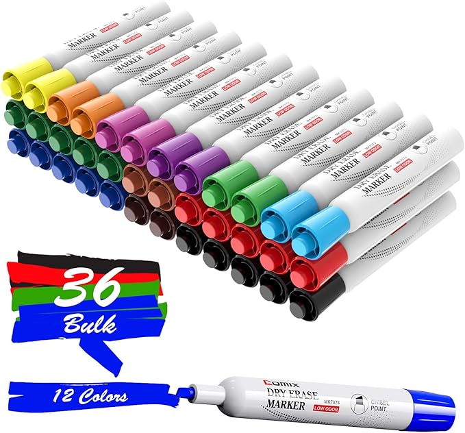Comix Dry Erase Markers, Chisel Tip White Board Markers, 36 Bulk 12 Assorted Colors Low Odor Markers for Teachers Office & School Supplies-DeskLoop Office
