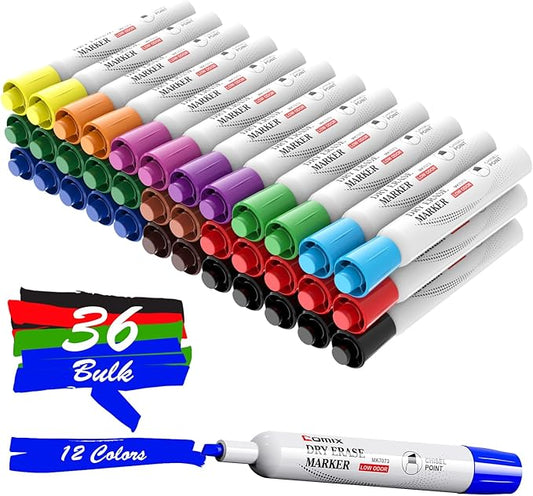 Comix Dry Erase Markers, Chisel Tip White Board Markers, 36 Bulk 12 Assorted Colors Low Odor Markers for Teachers Office & School Supplies-DeskLoop Office