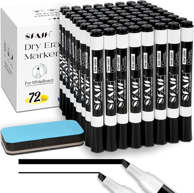 SFAIH Dry Erase Markers Chisel Tip with Magnetic Whiteboard Eraser, 72 Bulk Pack Black White Board Markers for Teachers & Students, Versatile Lines, 1s Quickly Dry, Perfect for Classroom and Office-DeskLoop Office