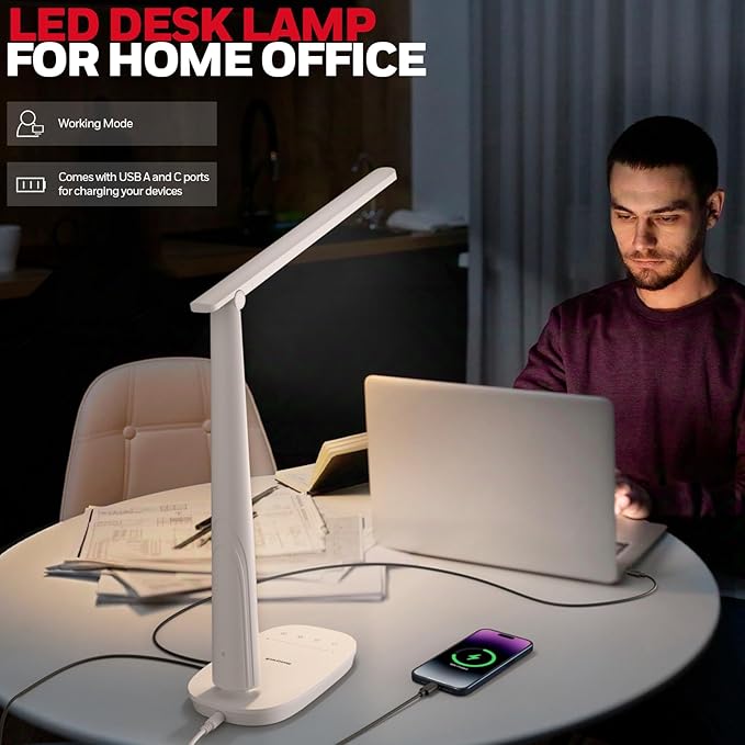 HONEYWELL Desk Lamp for Home Office, Dimmable LED Desk Light with USB A+C Dual Charging, 4 Modes Brightness Touch Lamp with Timer, Eye Caring Foldable Reading Light, Table Lamp for Study Nightstand-DeskLoop Office