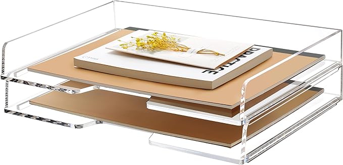 2 Pack- Stackable Paper Letter Tray, Enlarged A4 File Desk Organizer Acrylic Desk Organizers and Accessories Sorter Tray, Clear Workspace Office Supplies Organizers, 13.78inx9.25inx3.62in-DeskLoop Office