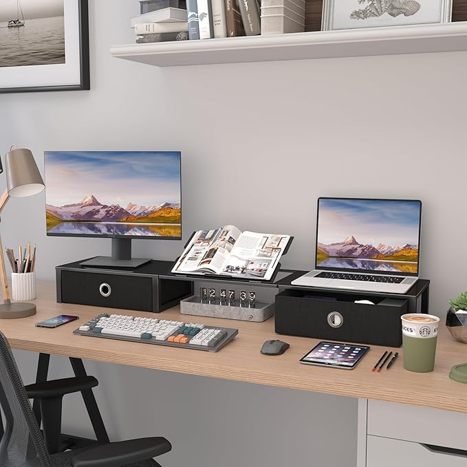 WESTREE Monitor Stand Riser with Adjustable Laptop Stand Riser, Steel Frame Dual Monitor Stand with Two Drawers for 2 Monitors, Desktop Oraganizer Stand for Computer,Laptop,Screen-DeskLoop Office