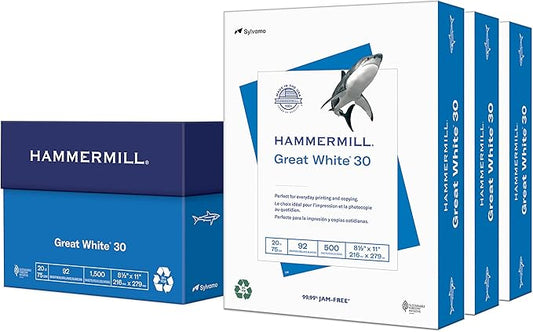 Hammermill Printer Paper, Great White 30% Recycled Paper, 8.5 x 11 - 92 Bright, Made in the USA, 086820C - 3 Ream (1,500 Sheets)-DeskLoop Office