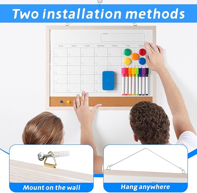 Dry Erase Calendar Whiteboard, 17" x 13" Magnetic Whiteboard Cork Board Combo, Reusable Monthly Planner with 8 Markers, Eraser, Magnets and Pushpins, Hanging Dry Erase Board for Home, School - White-DeskLoop Office