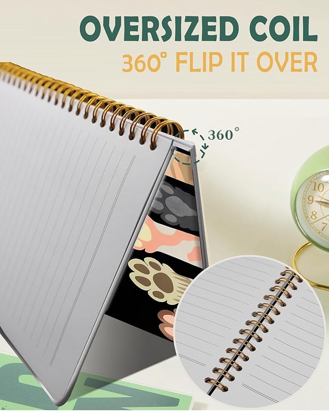 Ruled Spiral Writing Notebook,A5 Hardcover Lined College Journal for Women Lady,Fashion Puppy Watercolor Strong Twin-Wire Binding with Premium Paper,8.4" X 6",Perfect for School,Office,Home Gifts(Cat Animals Paws)-DeskLoop Office