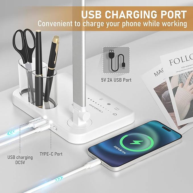 LED Desk Lamp Dimmable Table Lamp with USB Charging Port, 50 Lighting Modes, Adjustable Foldable Dual Swing Arm Architect Desk Lamp for Home Office, Eye-Caring Reading Lamp w/ Pen Holder 45min Timer-DeskLoop Office
