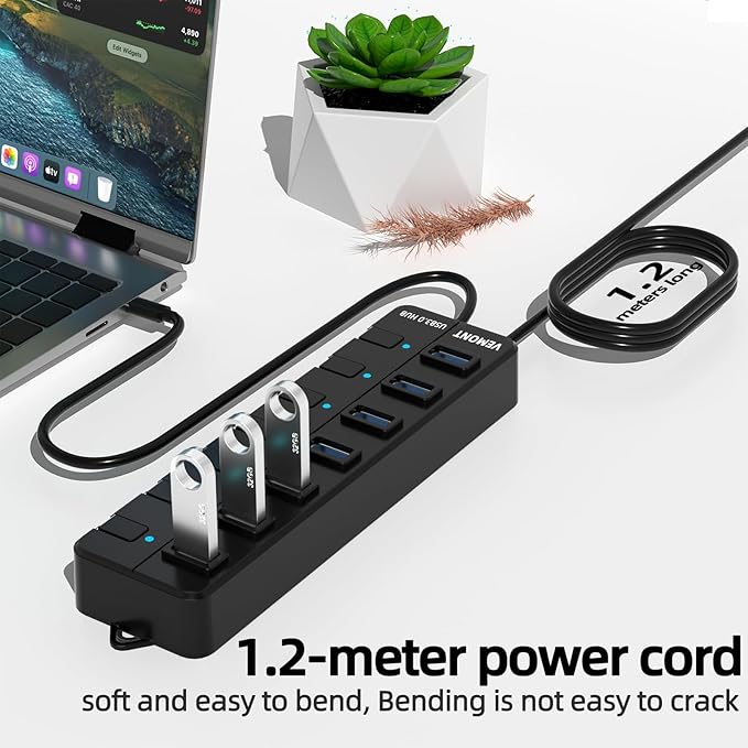 USB hub,7 Port USB 3.0 Hub,VEMONT USB Splitter with Individual On/Off Switches and Lights, 4ft/1.2m USB HUB Long Cable, USB Extension for Laptop and PC Computer-DeskLoop Office