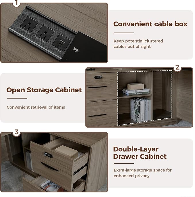 Executive Office Desk with Reversible Cabinets, Lockable Drawers, Cable Box & Privacy Panel – Modern Wood Grain Desk for Home Office or Business Use(Black Walnut,63" L*32" W*30" H)-DeskLoop Office