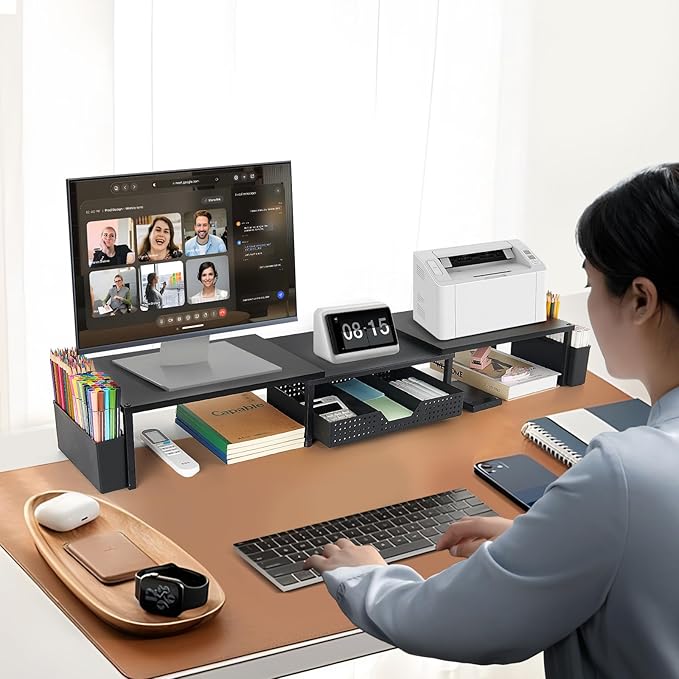 Desk Dual Monitor Stand Riser - Desk Organizer with Drawer and Pen Holders, Office Desk Accessories & Workspace Organization, Computer Monitor Stand for Laptop, Printer, TV(BLACK)-DeskLoop Office