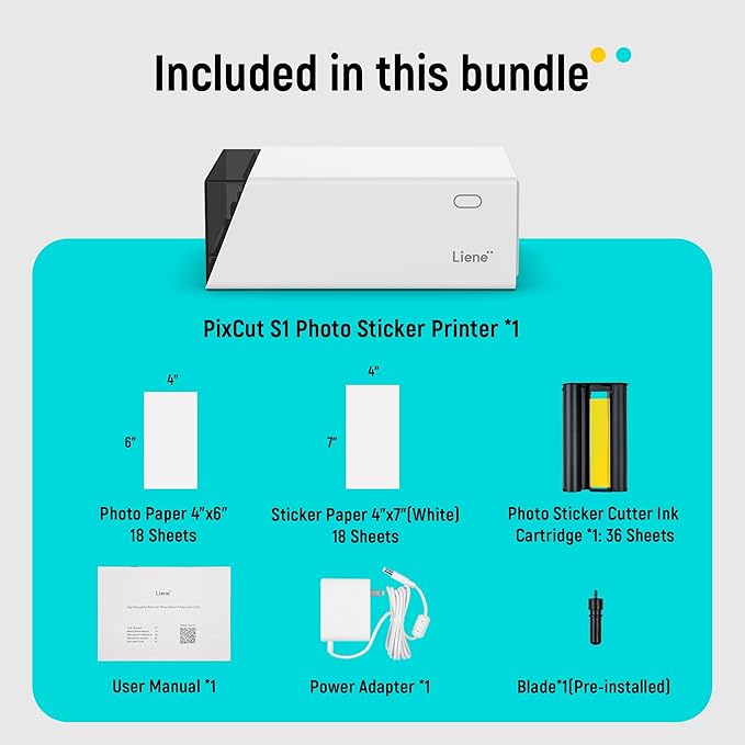 Liene PixCut S1 Color Sticker Printer & Cutting Machine - All-in-One Sticker Maker for DIY Crafts, Custom Labels & Gifts. Thermal Dye-Sublimation Photo Printer, 300 DPI, Precise AI Auto-Cutting-DeskLoop Office