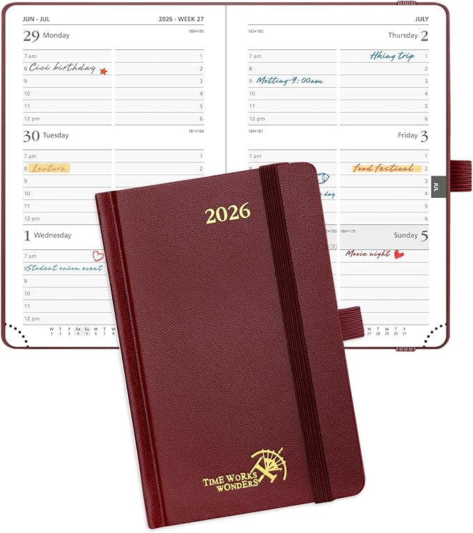 POPRUN 2026 Planner (Pocket Size 4''x 6.25'' Hardcover) - Small Calendar for Purse with Hourly Schedule & Vertical Weekly Layout, Monthly Calendars, 100 GSM - Burgundy-DeskLoop Office