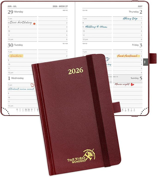 POPRUN 2026 Planner (Pocket Size 4''x 6.25'' Hardcover) - Small Calendar for Purse with Hourly Schedule & Vertical Weekly Layout, Monthly Calendars, 100 GSM - Burgundy-DeskLoop Office