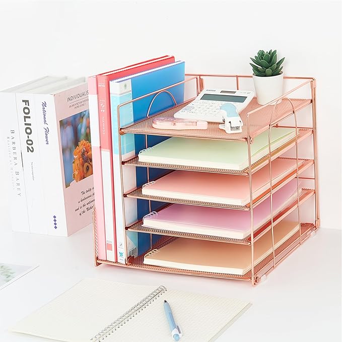 Desk Organizers and Accessories, 5-Tier Paper Letter Tray Organizer with File Holder, Desktop Organizer for Office Supplies, Office Desk Accessories & Workspace (Rose Gold)-DeskLoop Office