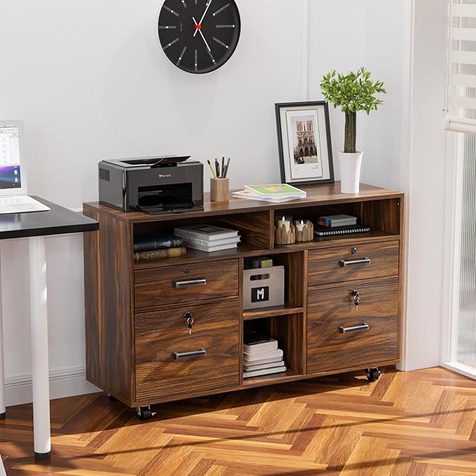 VINGLI Dark Brown Wood Lateral File Cabinet with Lock, 4 Drawer & 4 Open Shelves, Rolling File Cabinet for Home Office, Letter Sized-DeskLoop Office