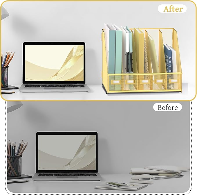 SUPEASY Desk Organizers Metal Desk Magazine File Holder with 5 Vertical Compartments Rack File Organizer for Office Desktop, Home Workspace, Gold-DeskLoop Office