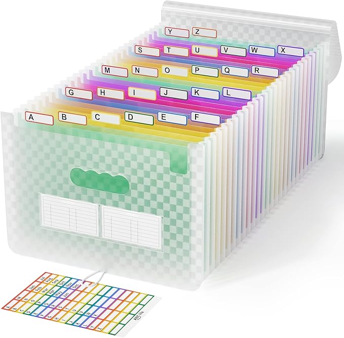 ABC life 26 Pockets Accordian File Folder Organizer Letter Size Expanding File Folder, A4 Portable Document Paper School Organizer, Expandable Multicolor Accordion Filing Folders with Labels(Green)-DeskLoop Office