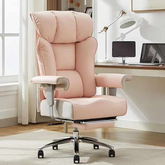 Efomao Big and Tall Ergonomic Office Chair 450LBS with Foot Rest, High Back PU Leather Executive Chair with Adjustable Padded Armrests, Lumbar Support for Home or Work, Heavy Duty Computer Chair, Pink-DeskLoop Office