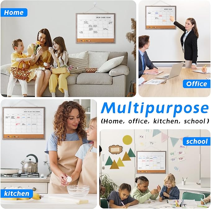 Dry Erase Calendar Whiteboard, 17" x 13" Magnetic Whiteboard Cork Board Combo, Reusable Monthly Planner with 8 Markers, Eraser, Magnets and Push Pins to Hang Dry Erase Board for Home, School - Gray-DeskLoop Office