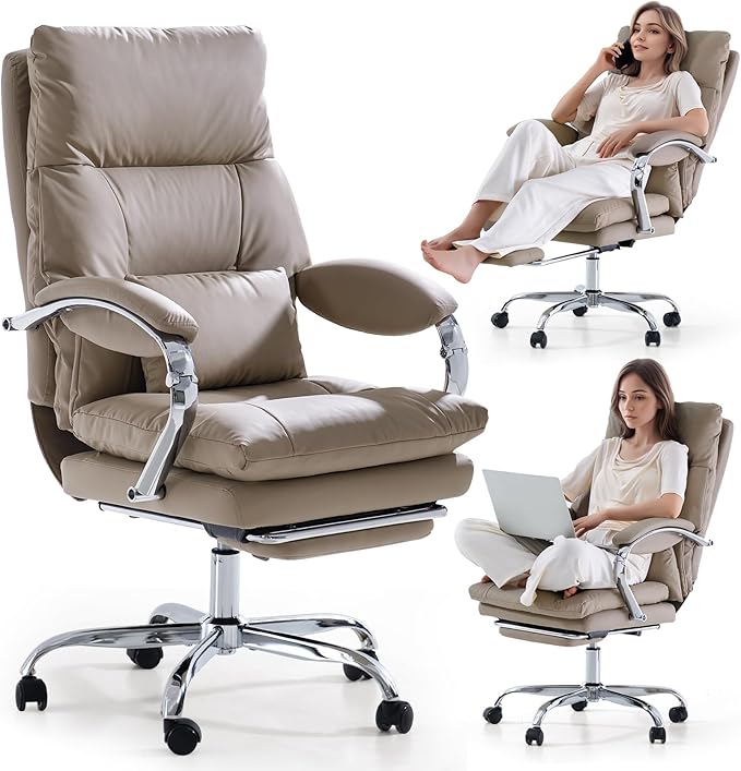 LEAGOO Reclining Office Chair with Foot Rest, Executive Office Chairs with Arms, Ergonomic High Back PU Leather Comfy Swivel Computer Desk Chairs with Wheels and Lumbar Support for Home Office, Khaki-DeskLoop Office
