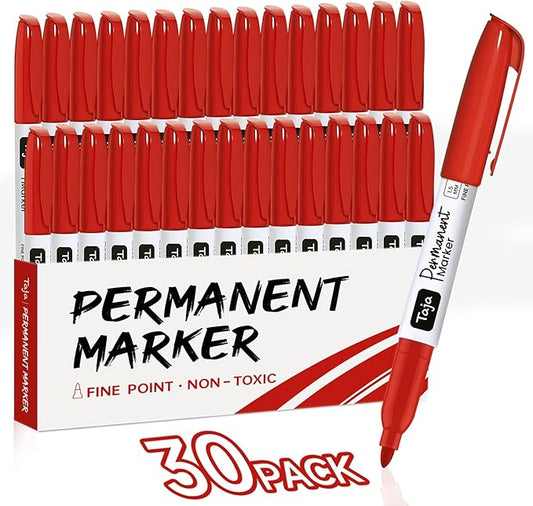 Permanent Markers Fine Tip, 30 Pack Red Quick-Drying and Fade-Resistant Permanent Markers Bulk Set for Writing and Drawing on Wood, Plastic, Metal, Glass, Stone, Ideal for Office School Supplies-DeskLoop Office