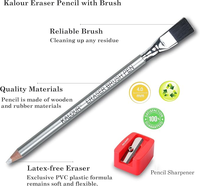 KALOUR Detail Eraser Pencil - 6pc Eraser Pencils with Brush and 2pc Sharpener,Erasing Small Details or add Highlights for Sketching, Charcoal Drawings. Fine Detail Eraser for Beginners & Artists-DeskLoop Office