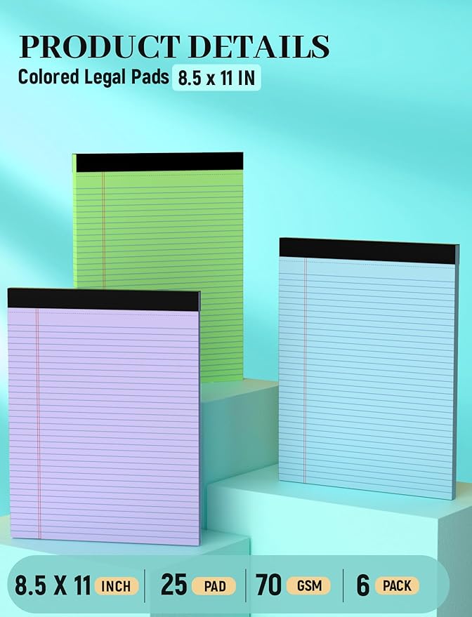 Legal Pads 8.5 x 11 In, Colored Legal Pads, 6 Pack Note Pads 8.5 x 11 Writing Paper, College Ruled Notepad with Sturdy Back, Perforated Writing Pad Lined Paper, Memo Notepad for Office, School, Home