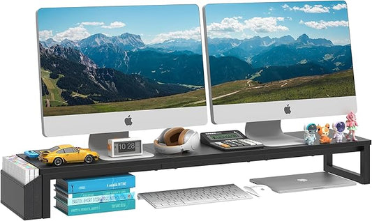 LAND·VOI Dual Monitor Stand Riser,41.5'' Long Monitor Stand for 2 Monitors, Wood and Steel Computer Monitor Stand, Desktop Oraganizer with Pen Holder, Monitor Riser for Desk Computer,Laptop,TV, Black-DeskLoop Office