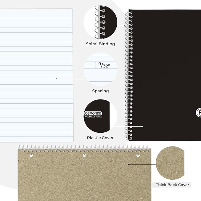 1 Subject Spiral Notebook, 12 Pack, College Ruled, Water Resistant Cover, Thick 140 Pages/Book (70 Sheets), 8 x 10-1/2, 3 Hole, Bulk School & Office, Black Cover-DeskLoop Office