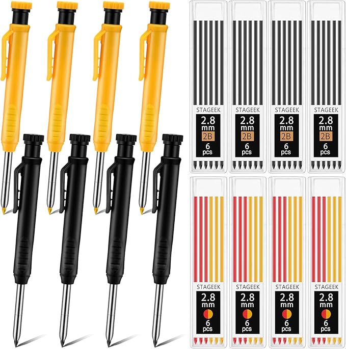 8 pack 2.8mm Mechanical Carpenter Pencils with 48 Refills, Construction Pencils with Built-in Sharpener, Long Nib Deep Hole Marker, Heavy Duty Woodworking Tools (Black+yellow)-DeskLoop Office