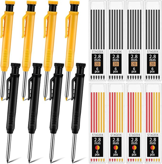 8 pack 2.8mm Mechanical Carpenter Pencils with 48 Refills, Construction Pencils with Built-in Sharpener, Long Nib Deep Hole Marker, Heavy Duty Woodworking Tools (Black+yellow)-DeskLoop Office